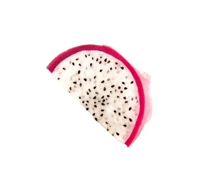 Isolated white pitaya segment with vivid pink rind and textured seed pattern, Foto stock