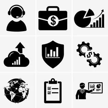 Isolated on white, the set features icons representing client services, busin 스톡 일러스트