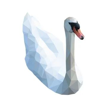 Isolated white swan composed of triangles on white background. Colored polygo Stock Illustration