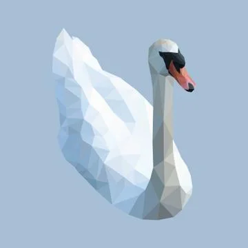 Isolated white swan composed of triangles on white background. Colored polygo Stock Illustration