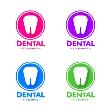 Isolated white tooth vector logo set. Round shape. Tooth hygiene logotype Stock Illustration