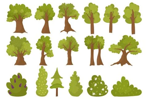 Isolated on white tree set, vector illustration, green forest element collection Stock Illustration