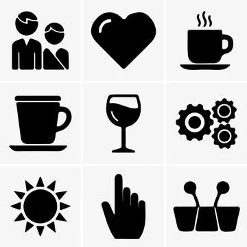 Isolated on white, this vector image showcases a series of black and white ic Stock Illustration