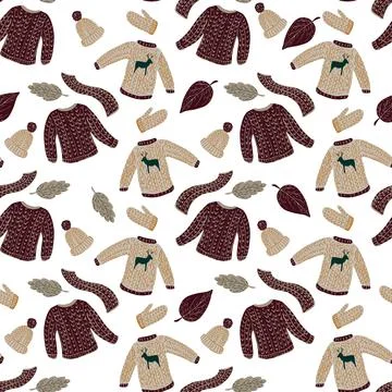 Isolated winter clothes seamless pattern with doodle scarf, mittens, hats, sw Stockillustratie