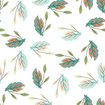 Isolated winter nature seamless pattern with blue and turquoise leaves and re Stock Illustration