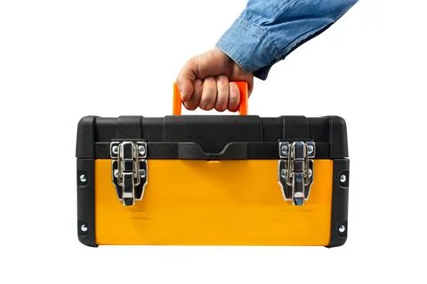 Isolated worker hand holding yellow toolbox. Stock Photos