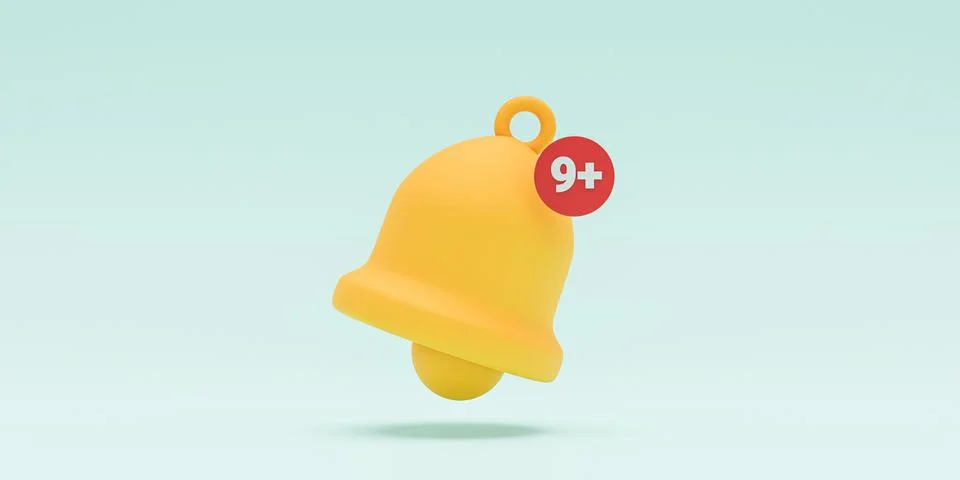 Isolated of yellow bell notification ringing alert with nine notices Illustrazione stock