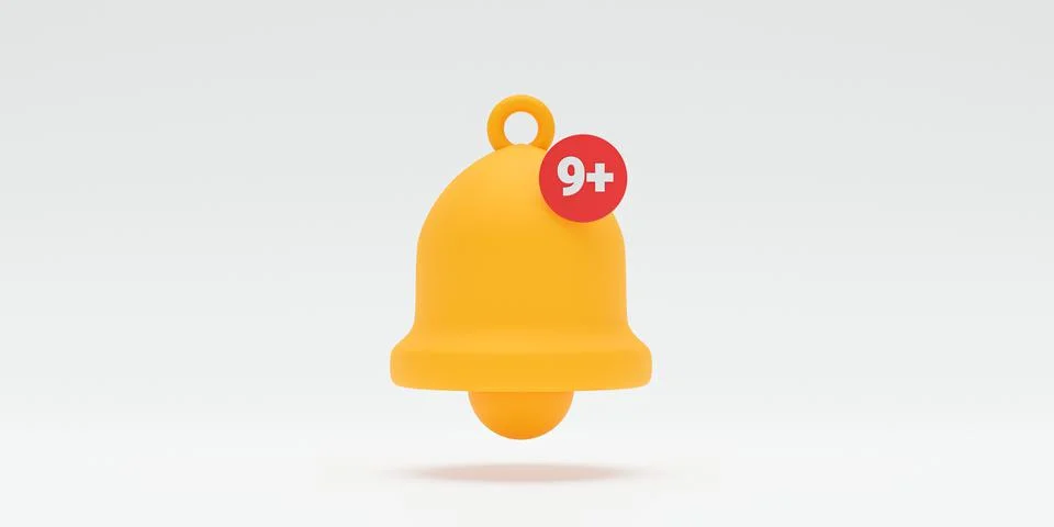 Isolated of yellow bell notification ringing alert with nine notices on white Illustrazione stock
