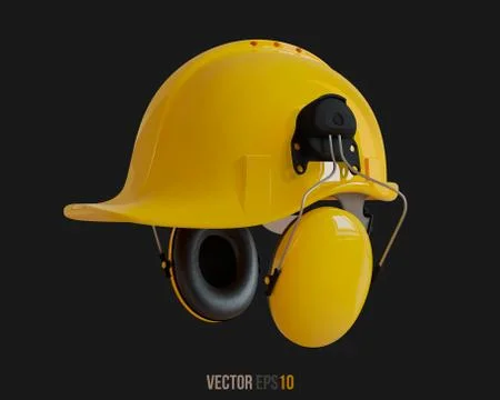 Isolated yellow hard hat with ear defenders. Realistic 3D Vector Illustration Stock Illustration