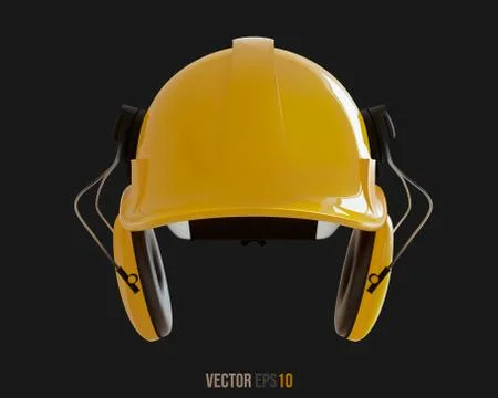 Isolated yellow hard hat with ear defenders. Realistic 3D Vector Illustration Stock Illustration
