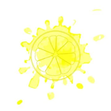 Isolated yellow outline slice of lemon on yellow watercolor spot of juice. Bl Stock Illustration