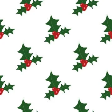 Isolates seamless doodle pattern with green and red colored mistletoe ornamen Stock Illustration