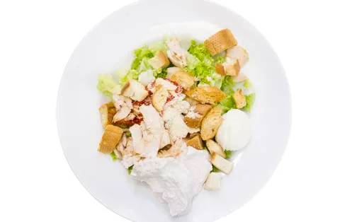 Isolation Caesar salad vegetables sauce tomato lettuce croutons Stock Photos