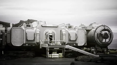 Isolation habitat featuring rugged metals and access pathways Stock Footage 338335931