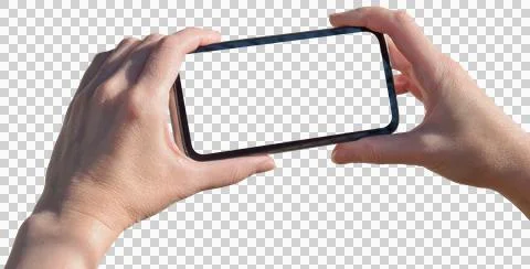 Isolation of Hand holding blank screen of smartphone on transparent, png , .. Photos