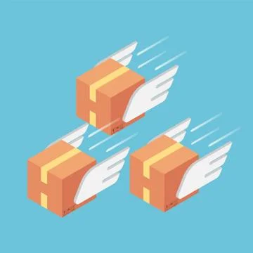 Isometic parcels with wings flying forward rapidly Stock Illustration