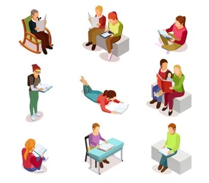 Isometirc Reading People Icon Set Stock Illustration
