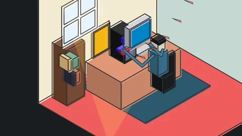 Isometric 2D Animation Of A Gamer Playing Video Games On PC In A Room Stock Footage 340745330