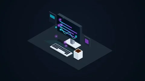 Isometric 3D Animation of Modern Computer Workspace with Glowing Data Vídeos de archivo 344353255