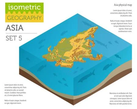 Isometric 3d Asia physical map constructor elements on the water surface. Bui 스톡 일러스트