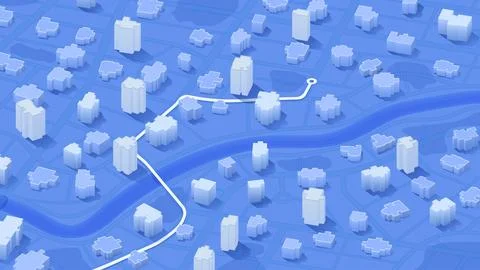 Isometric 3D Blue City Map with White Route Line and Skyscrapers. Vector Stock Illustration