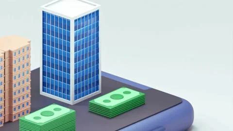 Isometric 3D Buildings and Stacks of Money Stock Footage 327668906