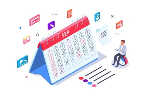 Isometric 3d calendar with task managment and businessman. Illustrazione stock