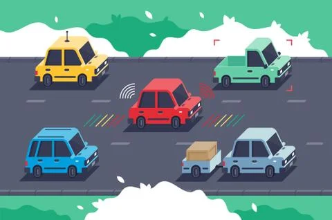 Isometric 3d car with electronic device for detection, sensors for parking Stock Illustration