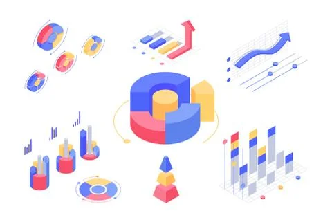 Isometric 3d charts and statistics with set diagrams and graphs. Stock Illustration