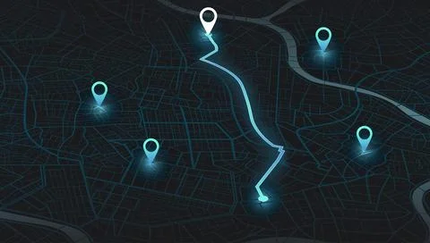 Isometric 3D city map with glowing GPS route and location pins. Dark urban Stock Illustration