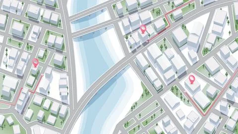 Isometric 3D City Map with Pink Location Pins Showing Navigation Route Across Stock Illustration