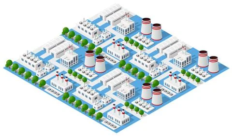 Isometric 3D city module industrial urban factory which includes buildings Stock Illustration