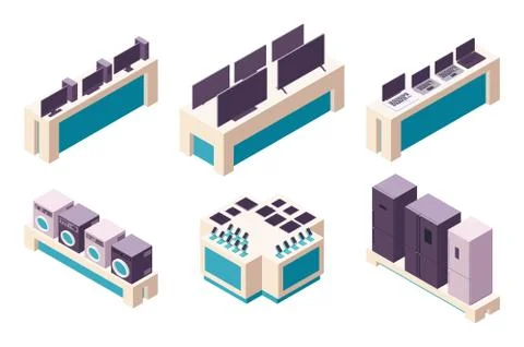 Isometric 3d collection isolated urban element of electronics store. Stock Illustration