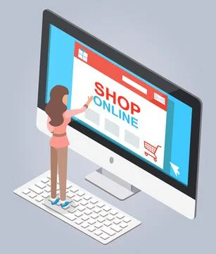 Isometric 3d computer, woman making online shopping at website, buying products Stock Illustration