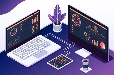 Isometric 3d computers with statistics, graphs and tablet. Stock Illustration