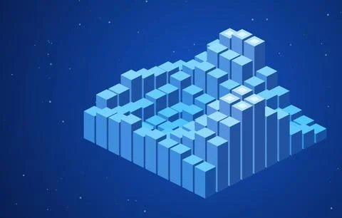 Isometric 3D data bar chart landscape vector illustration with blue columns on Stock Illustration