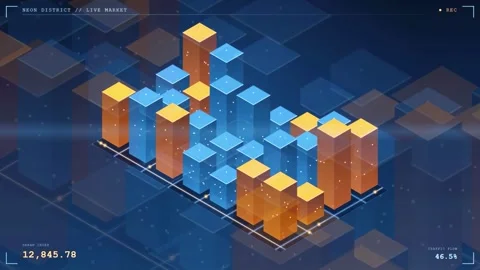 Isometric 3D Digital Data Visualization with Animated Blue and Orange Bar Stock Footage 343441801
