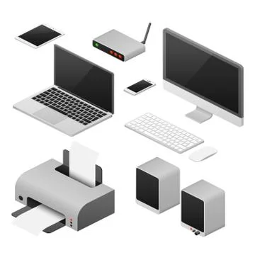 Isometric 3D digital vector computers and supplies of office workspace 스톡 일러스트