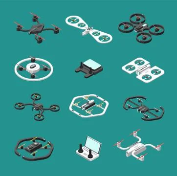 Isometric 3d drones. Uav unmanned aircrafts vector set Stock Illustration