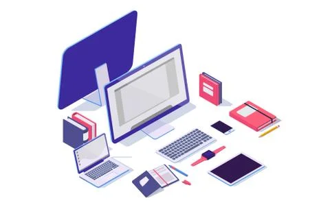 Isometric 3d electronic items with laptop, tablet, notebook, mobile phone and Stock Illustration