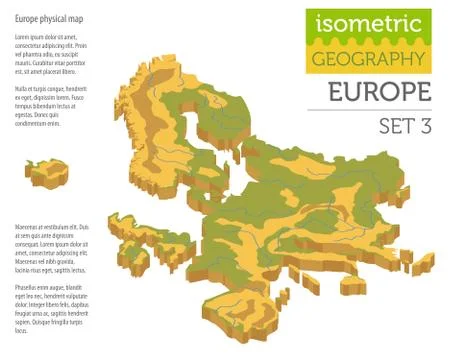 Isometric 3d Europe physical map constructor elements isolated on white. Buil Stock Illustration