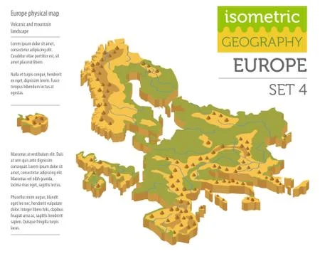 Isometric 3d Europe physical map constructor elements isolated on white. Buil Stock Illustration