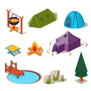 Isometric 3d Forest Camping Elements for Landscape Design Stock Illustration