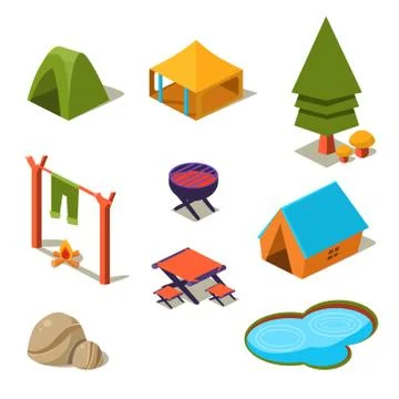 Isometric 3d Forest Camping Elements for Landscape Design Stock Illustration