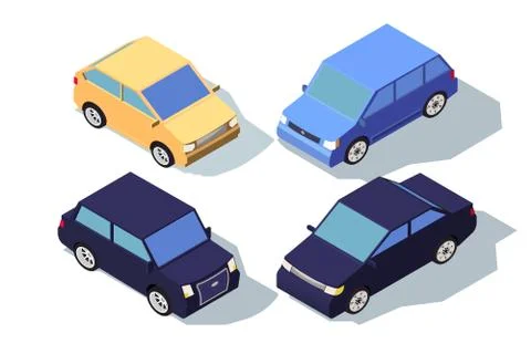 Isometric 3d front view blue and yellow classic sedan car. Stock Illustration