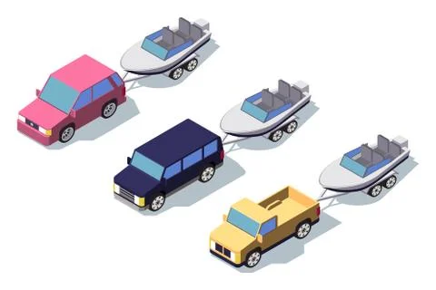 Isometric 3d front view classic pickup truck car with boat. Illustrazione stock