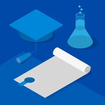 Isometric 3D graduation cap, certificate and flask with liquid Stockillustratie