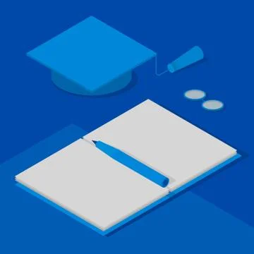 Isometric 3D graduation cap, open book with pen and glasses 스톡 일러스트