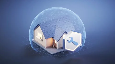 Isometric 3d house protection concept with glowing shield bubble and wrench.. Stock Footage 332222806