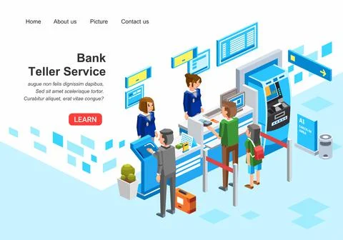 Isometric 3D illustration of Bank services by teller to customer, customer qu Stock Illustration
